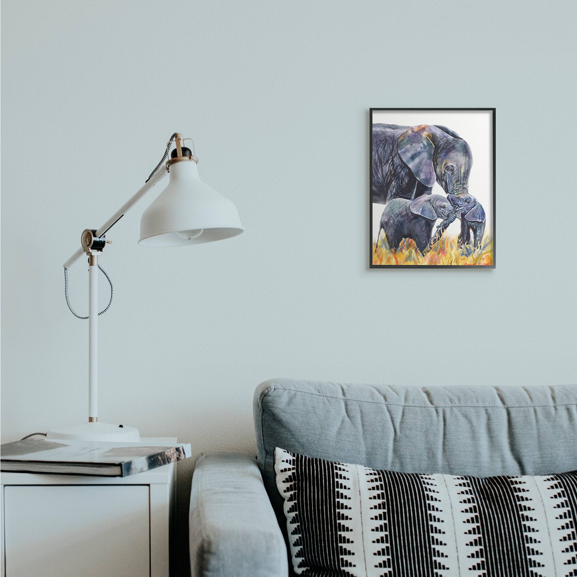 Stupell Industries Elephant Family in Tall Yellow Grass Safari Animals in Frame Wall Art